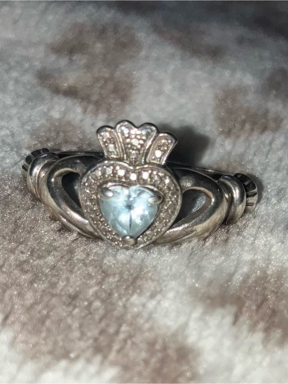 Zales Silver Claddagh Ring with Pale Blue Heart Stone